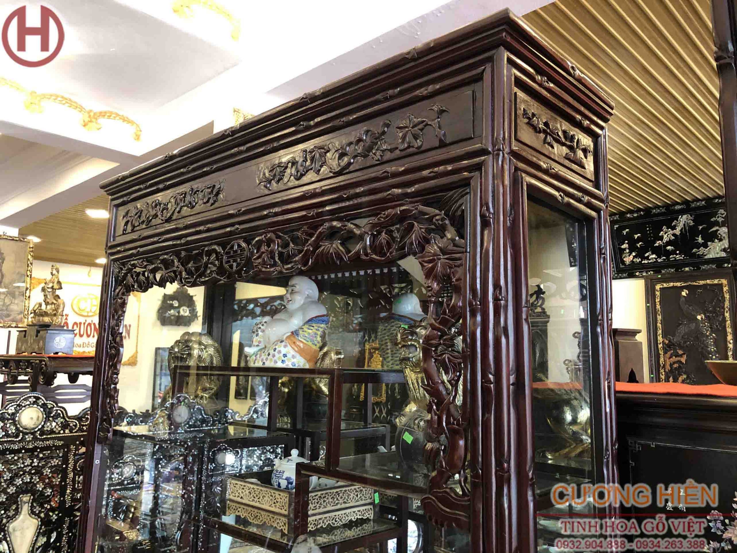 Hình ảnh tủ bày đồ chạm trúc nho 01 Hình ảnh tủ bày đồ chạm trúc nho 01