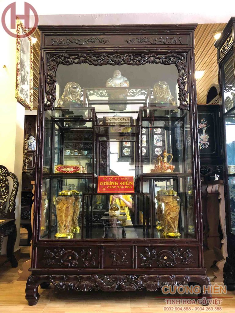Hình ảnh tủ bày đồ chạm trúc nho 01
