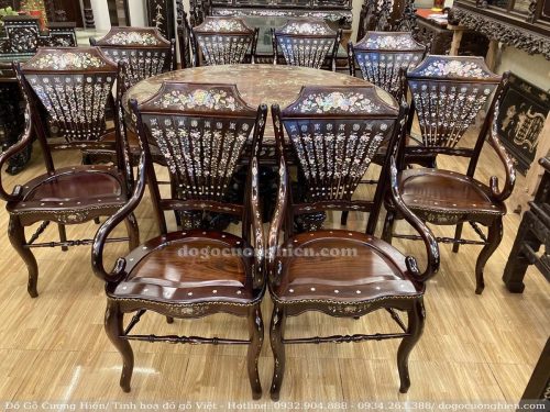 BỘ BÀN GHẾ RẺ QUẠT NAM BỘ GỖ GỤ KHẢM ỐC MẶT LIỀN KHỐI ( 204005)