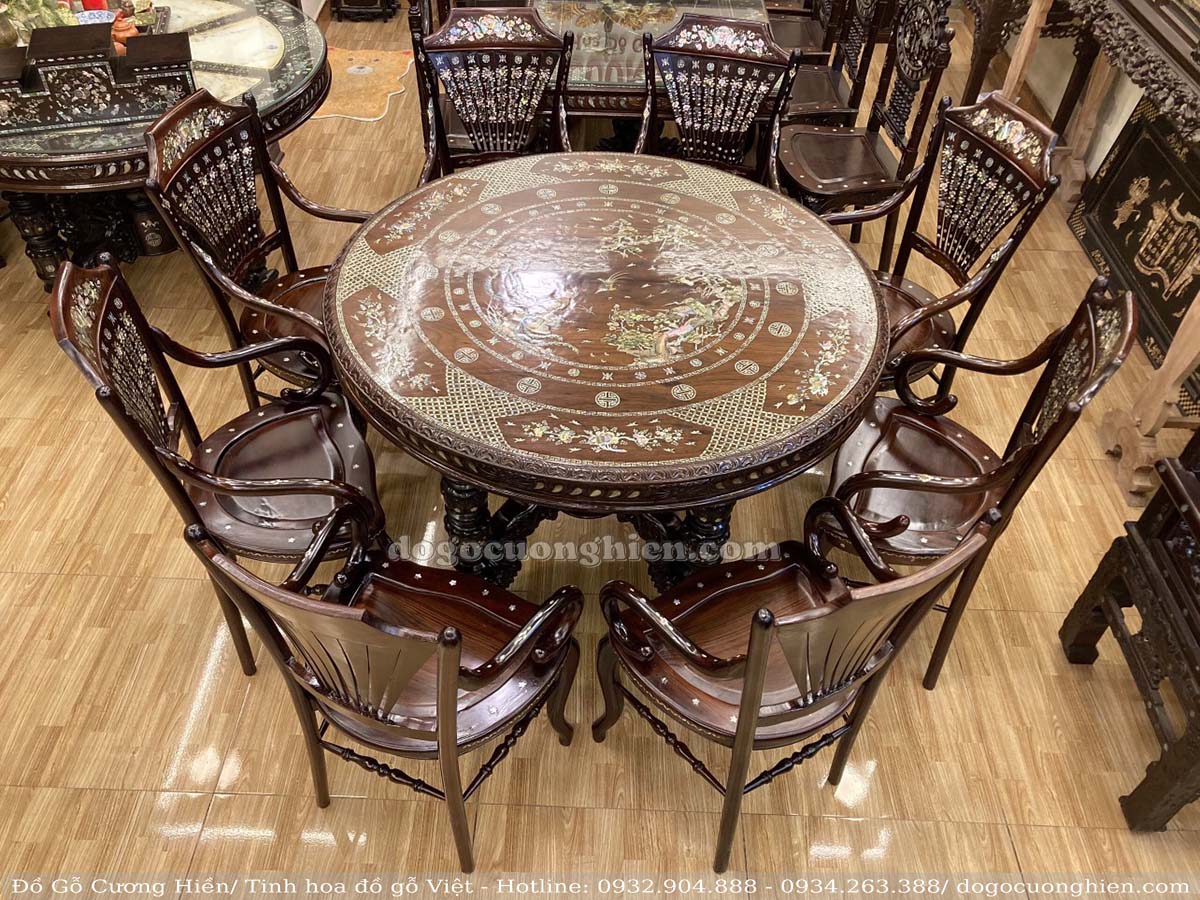 BỘ BÀN GHẾ RẺ QUẠT NAM BỘ GỖ GỤ KHẢM ỐC MẶT LIỀN KHỐI ( 204005)
