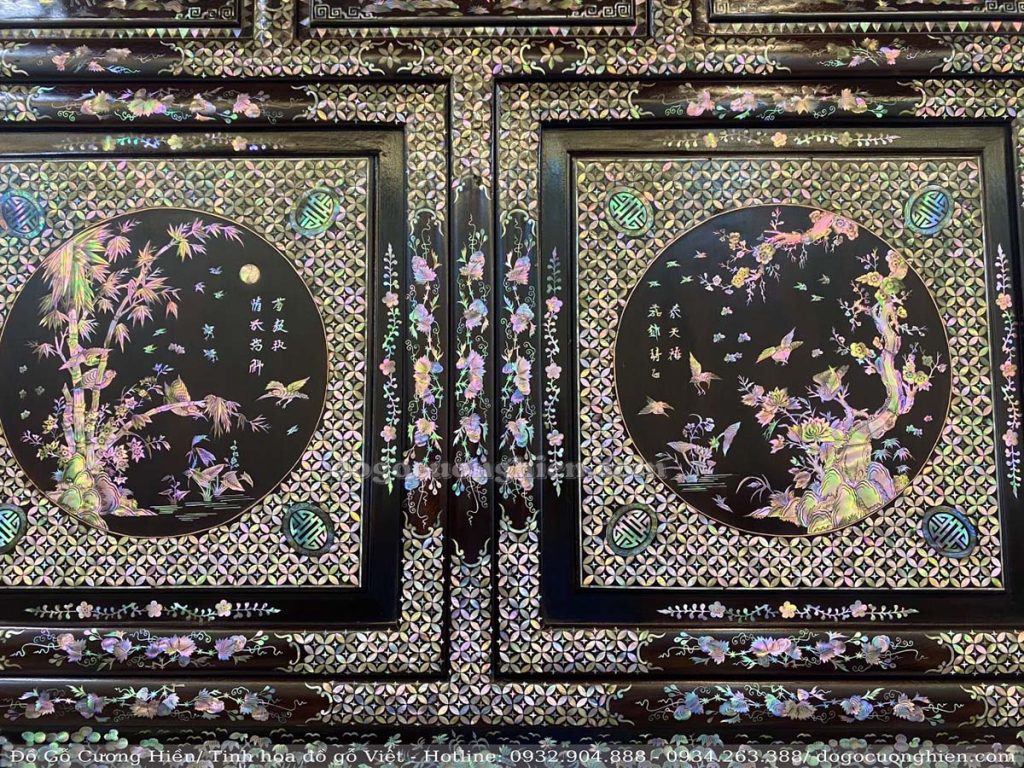 CHI TIẾT CẶ TỦ BÀY ĐỒ KHẢM ỐC ĐỎ LỬA | mã số 204007